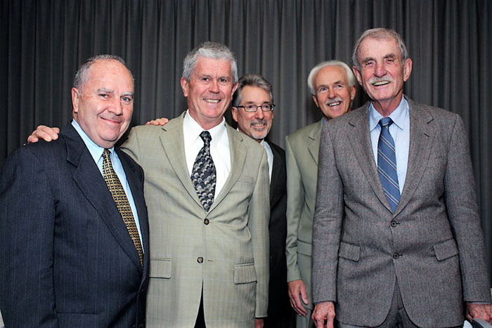 From left: Dr. Gerald Harrington, Dr. Hertl, Dr. David Pitts, Dr. Robert Oswald, and Dr. Eugene Natkin at Dr. Pitts’ retirement celebration in 2009